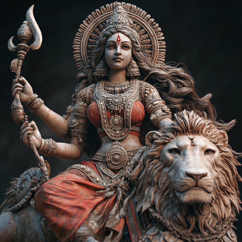 Durga riding lion, powerful feminine energy, Hindu mythology --v 6.1
