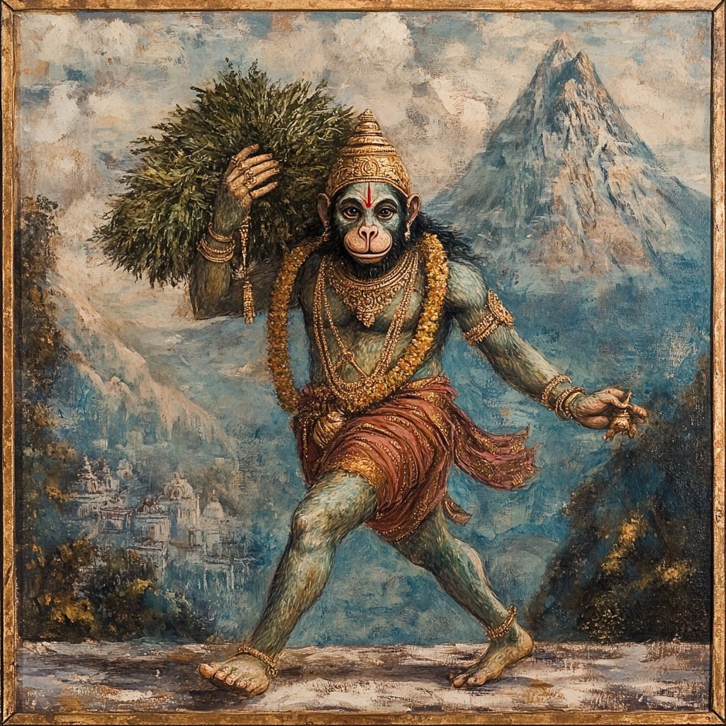 Hanuman carrying mountain, devotion and strength --v 6.1